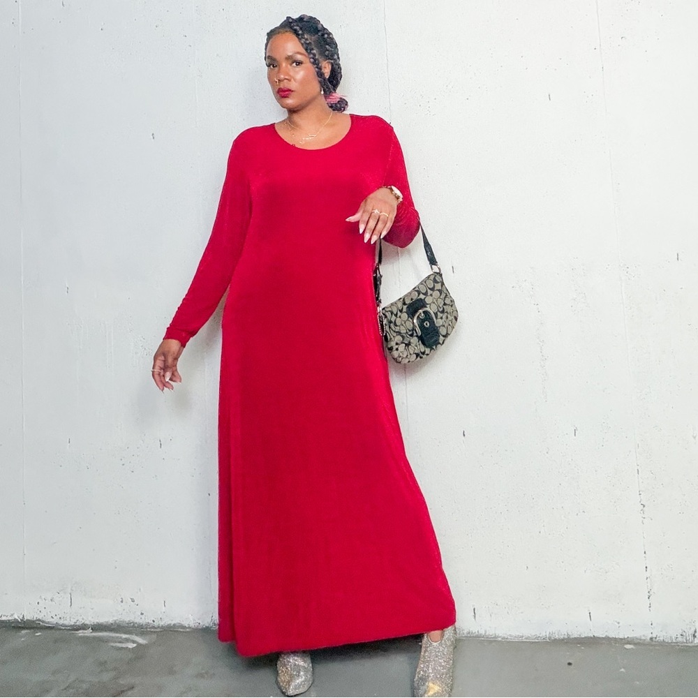 Vintage Nylon Maxi Red Long Sleeve Dress, Fits L-XL